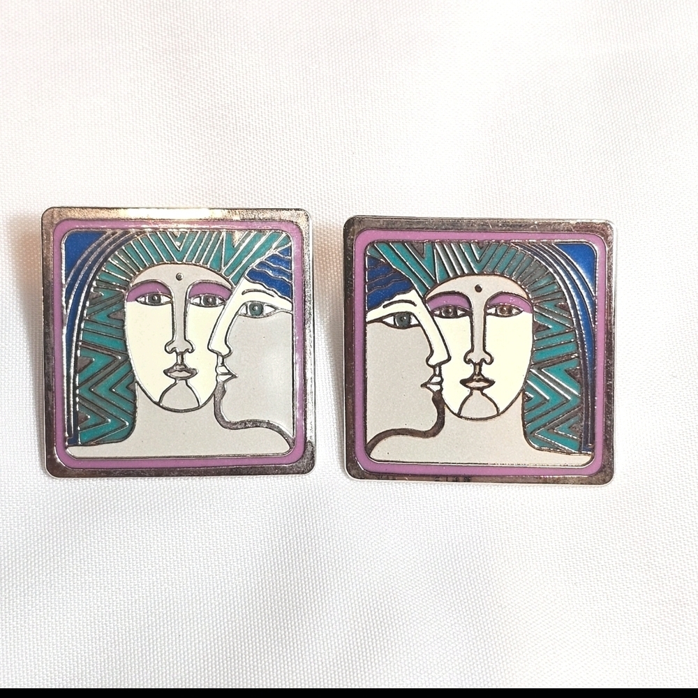 Laurel Burch Silver Tone Enamel "Ancient Ancestors"  Pierced Stud Earrings
